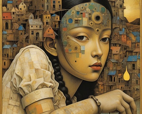 Young girl with braided hair in a whimsical landscape