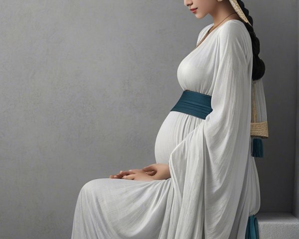 Pregnant Woman in Elegant White Gown with Teal Sash