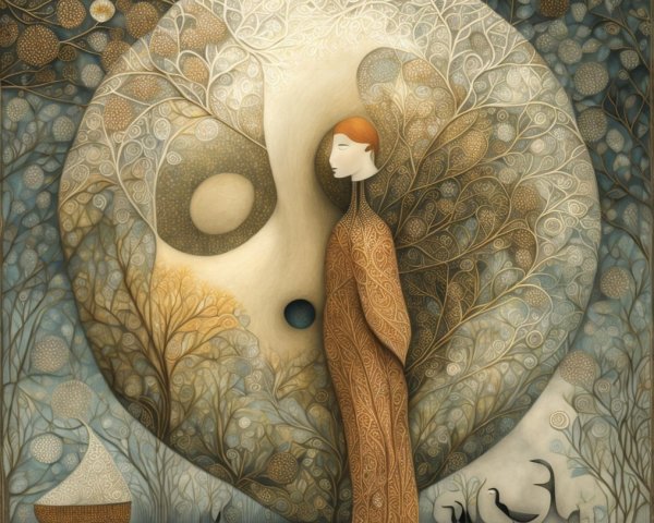 Whimsical Landscape with Figure and Nature Patterns