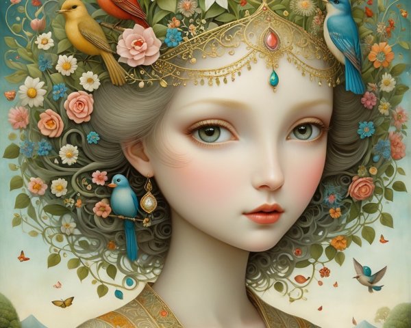 Serene Woman with Floral Hair and Pastel Background