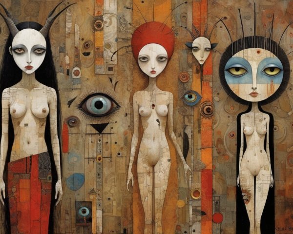 Stylized Figures Against Abstract Textured Background