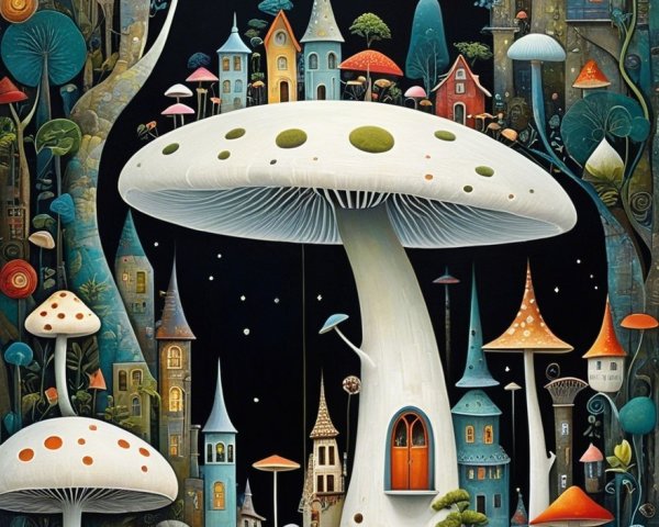 Whimsical Cityscape with Oversized Mushrooms and Moon