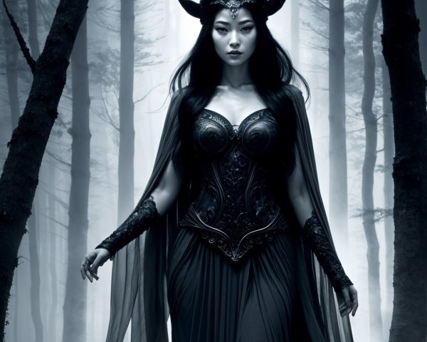 Mysterious Figure in Misty Forest with Antlered Crown