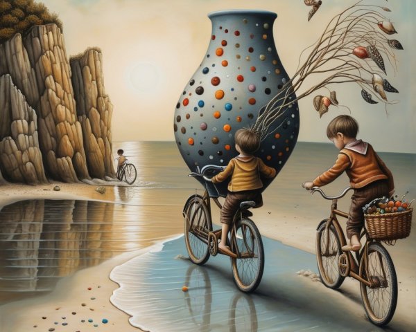 Children Riding Bicycles at Sunset on the Beach