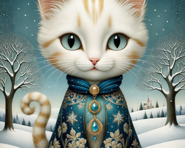 Cartoon Cat in Snowy Landscape with Blue Cloak