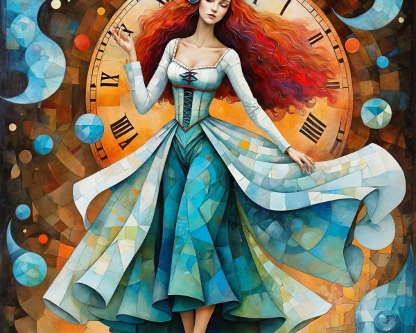 Woman in Turquoise Gown Against Clock Background