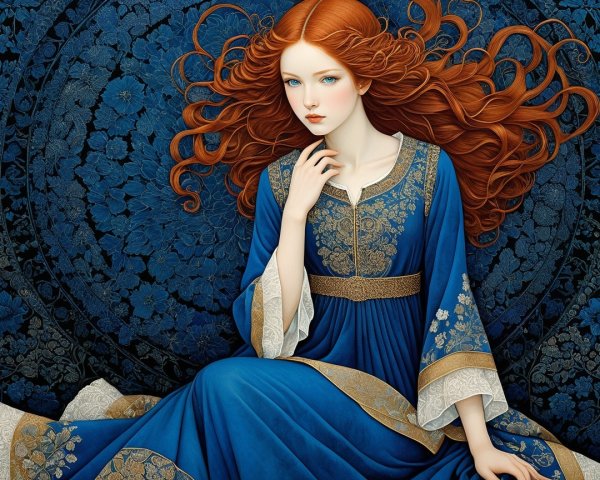 Young woman in blue dress with red hair and floral backdrop