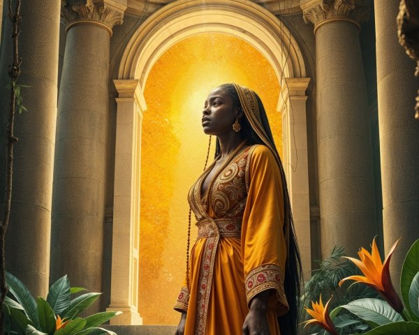 Elegant Woman in Golden Gown with Lush Backdrop