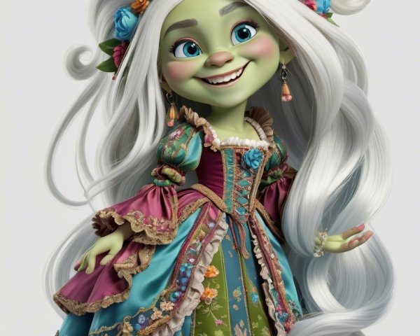 Whimsical Animated Character with Green Skin and Silver Hair