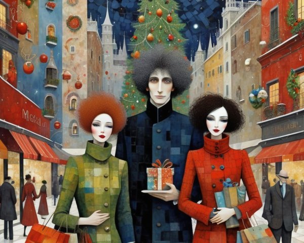 Cartoonish Characters on a Christmas Street at Night