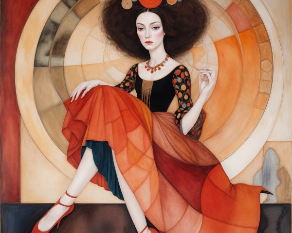 Elegant Woman in Multi-Colored Dress Against Geometric Background