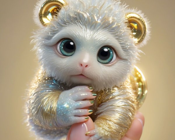 Close-up of a fluffy fantasy creature on a thumb