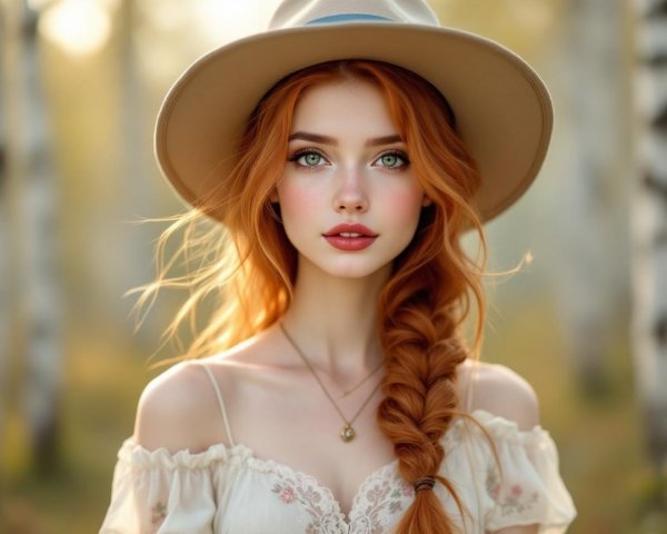 Young woman with red hair in sunlit forest setting