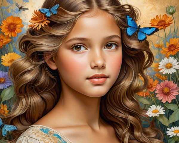 Young girl with butterflies in a floral garden setting