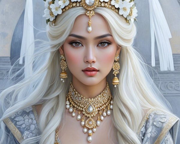 Regal figure with white hair and floral crown
