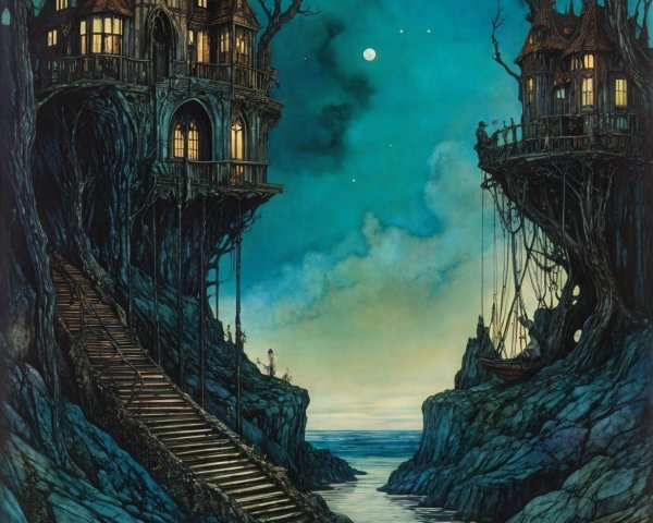 Whimsical Houses on Cliffs Under Moonlit Sky