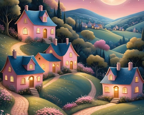 Whimsical Landscape with Charming Houses and Moonlight