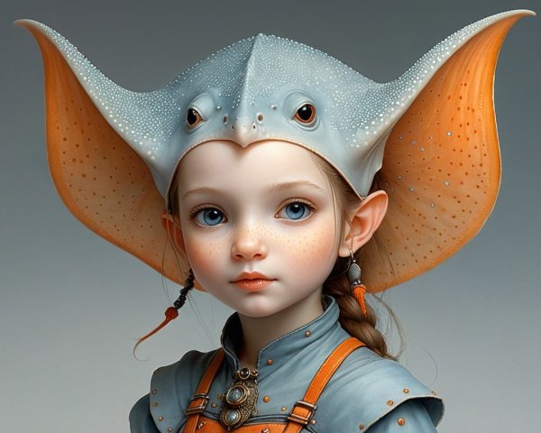 Young girl in whimsical stingray hat with blue eyes
