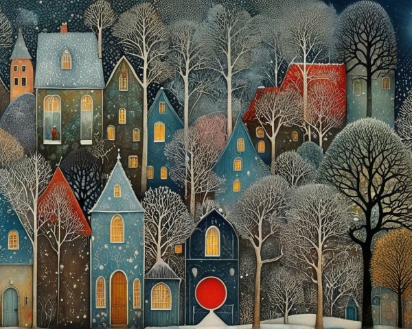 Charming Snowy Village Scene with Colorful Houses