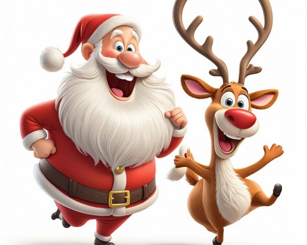 Cartoon Santa Claus and Reindeer in Christmas Scene