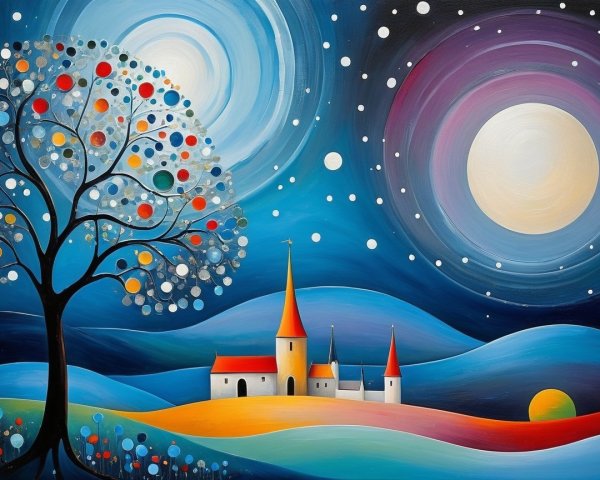 Whimsical Landscape with Colorful Tree and Moonlight