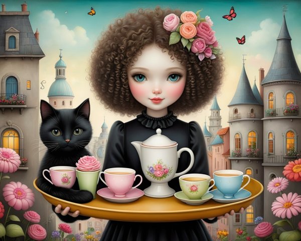Whimsical Girl with Teacups and Black Cat in Fairy-Tale Setting