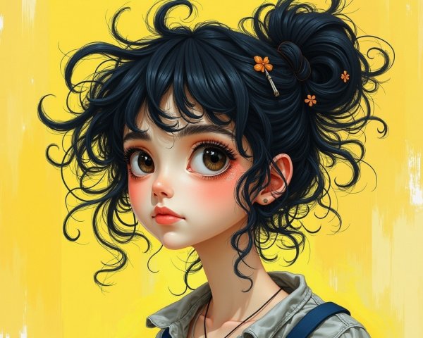 Young girl with curly hair and orange flowers in bun