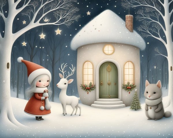Whimsical Winter Scene with Girl and White Deer