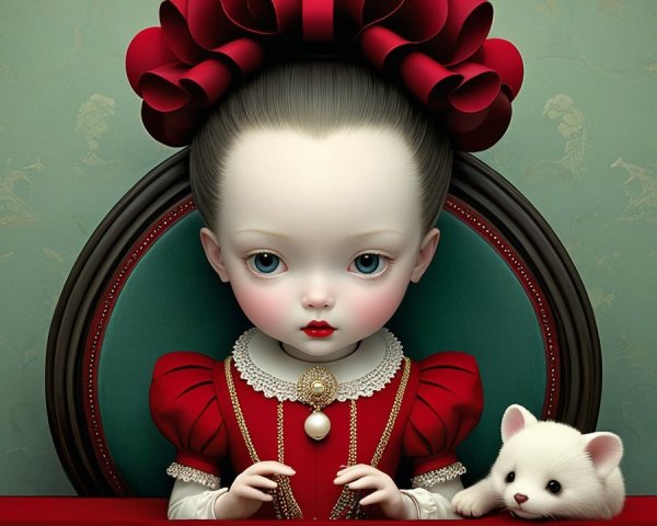 Porcelain Doll in Red Gown with Fluffy Companion