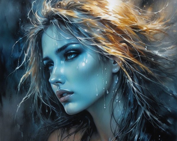 Portrait of a Woman with Blue Eyes and Tousled Hair