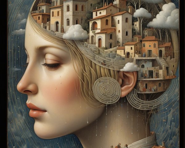 Profile of a Woman with Whimsical Landscape Elements