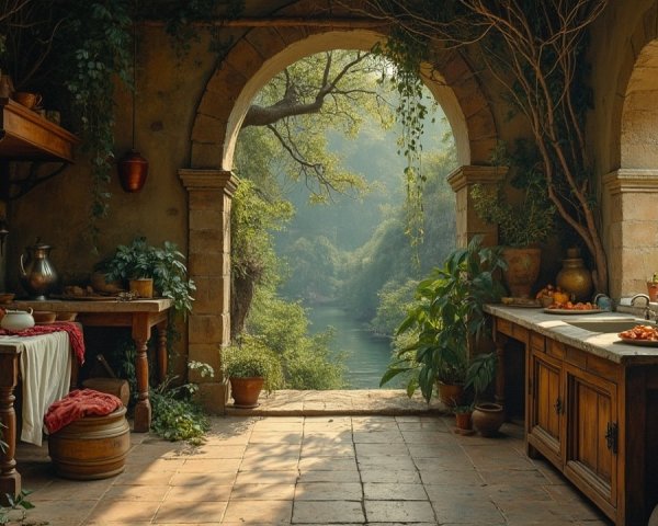 Rustic Kitchen with River View and Lush Greenery
