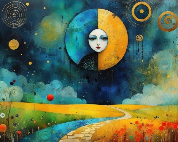 Abstract Landscape with Divided Face and Whimsical Flora