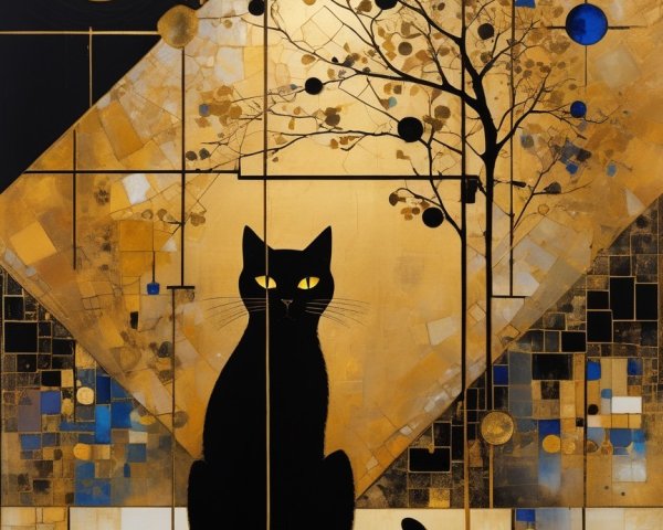 Abstract Artwork of Black Cat on Golden Background