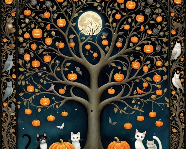 Whimsical Halloween Scene with Cats and Pumpkins