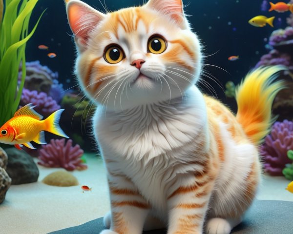 Orange and white kitten in vibrant underwater scene