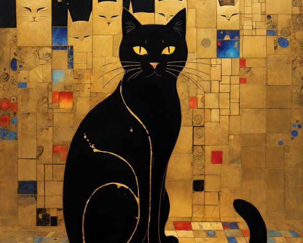 Large Black Cat with Golden Figures and Geometric Patterns