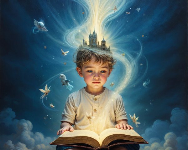 Young boy reading a glowing book with fairy castle scene