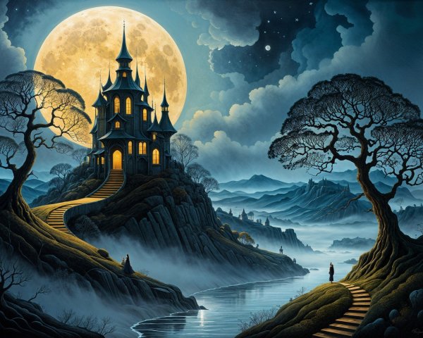 Mystical landscape with castle under a full moon