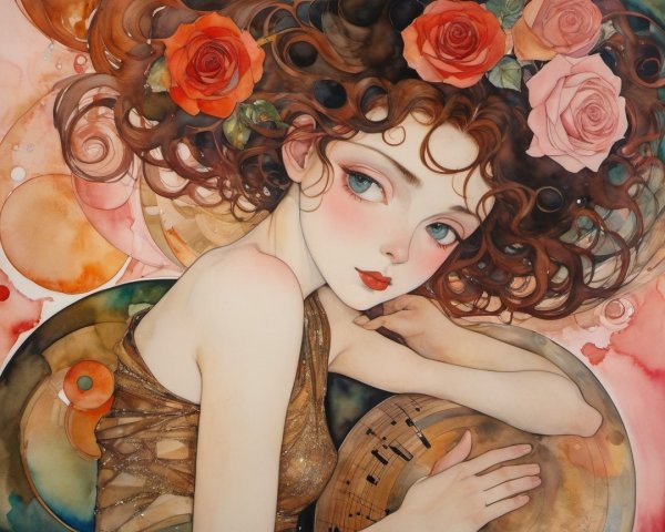Portrait of a Young Woman with Curly Hair and Roses