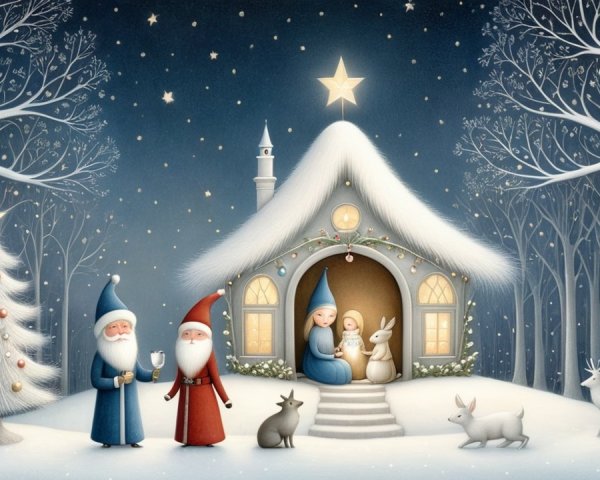 Whimsical Winter Scene with Figures and Cozy Cottage