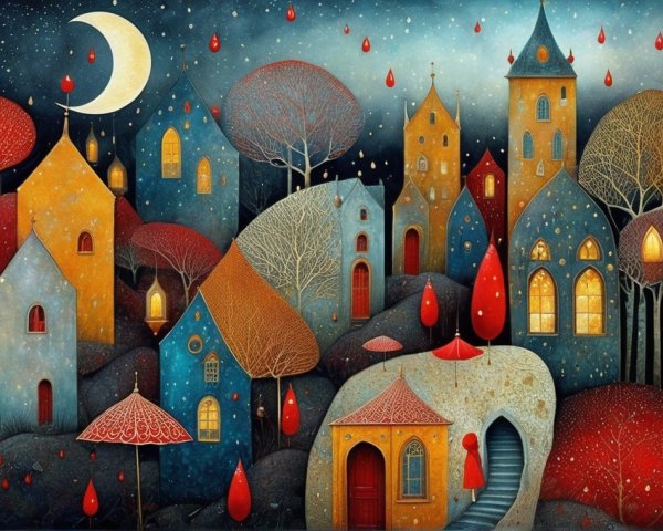 Whimsical Landscape with Colorful Houses and Moonlight