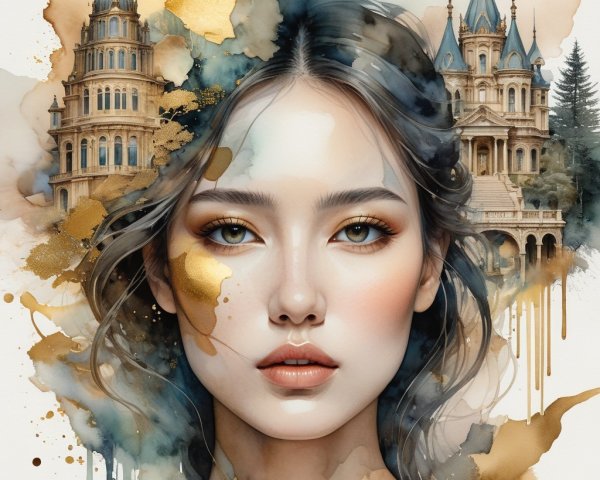 Watercolor Painting of Asian Woman with Castles Background