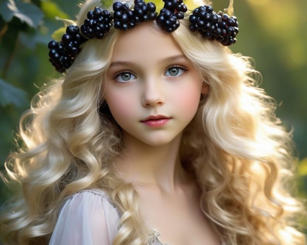 Young girl with blue eyes in a berry crown dress