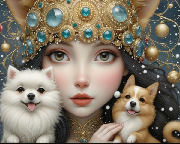 Serene woman with golden crown and fluffy dogs in snow