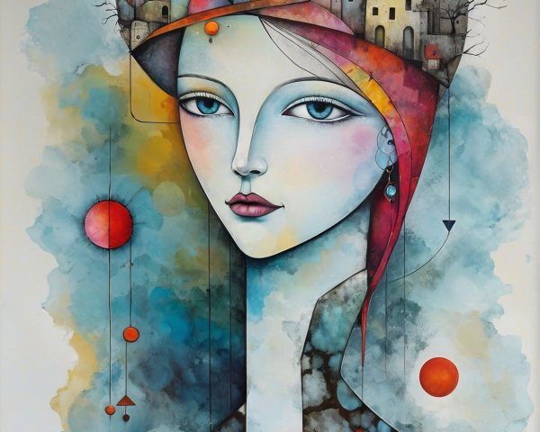 Surreal Portrait of Woman with Whimsical Cityscape