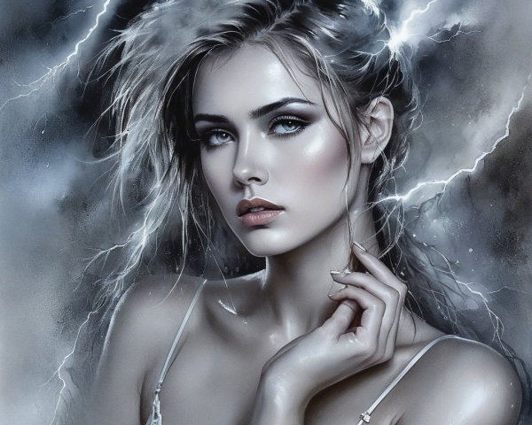 Portrait of a Woman with Flowing Hair and Blue Eyes