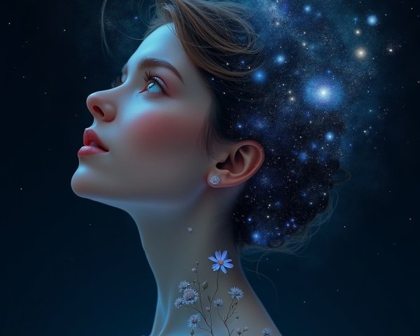 Portrait of a woman with a cosmic-themed background