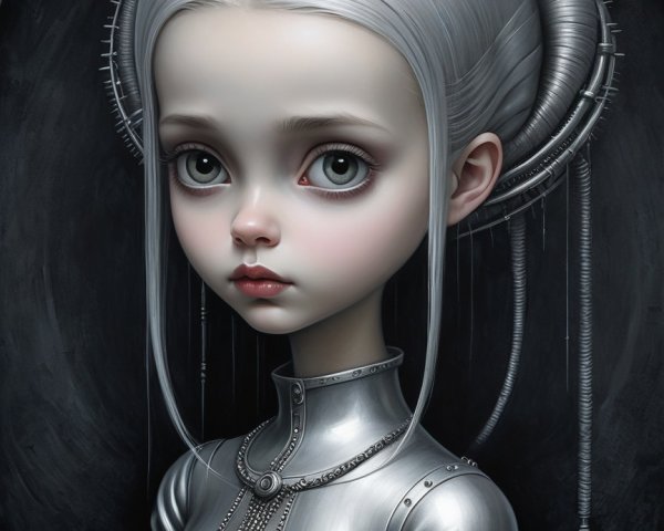 Porcelain-skinned girl in futuristic metallic armor