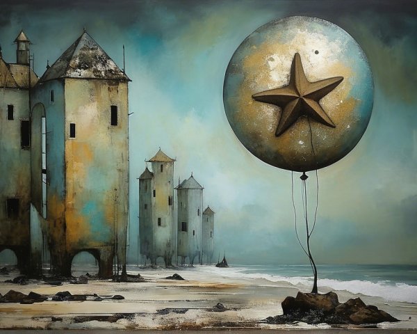 Surreal Landscape with Towers and Floating Balloon